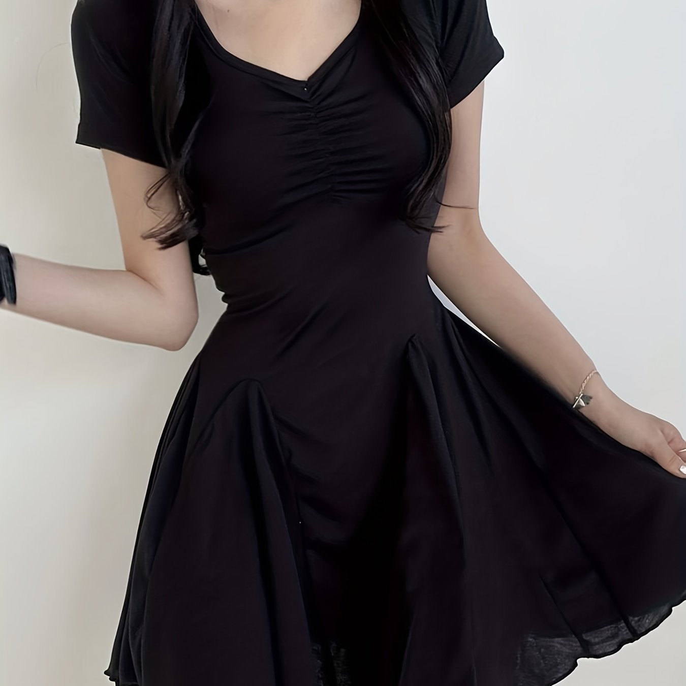 Trendy Ruched A-Line Dress - Women's Casual Summer Dresses with V Neck, Short Sleeves, and Comfy Fit - Perfect for Outdoor Activities and Daily Wear