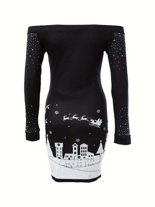 Stunning Graphic Print Off Shoulder Bodycon Dress - Women's Long Sleeve Casual Dresses for Spring & Fall - Soft, Stretchy, and Comfortable Clothing for Ladies