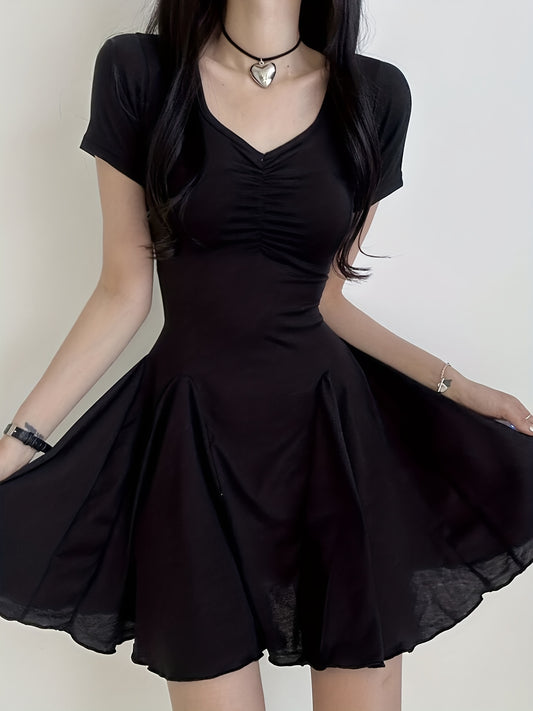 Trendy Ruched A-Line Dress - Women's Casual Summer Dresses with V Neck, Short Sleeves, and Comfy Fit - Perfect for Outdoor Activities and Daily Wear