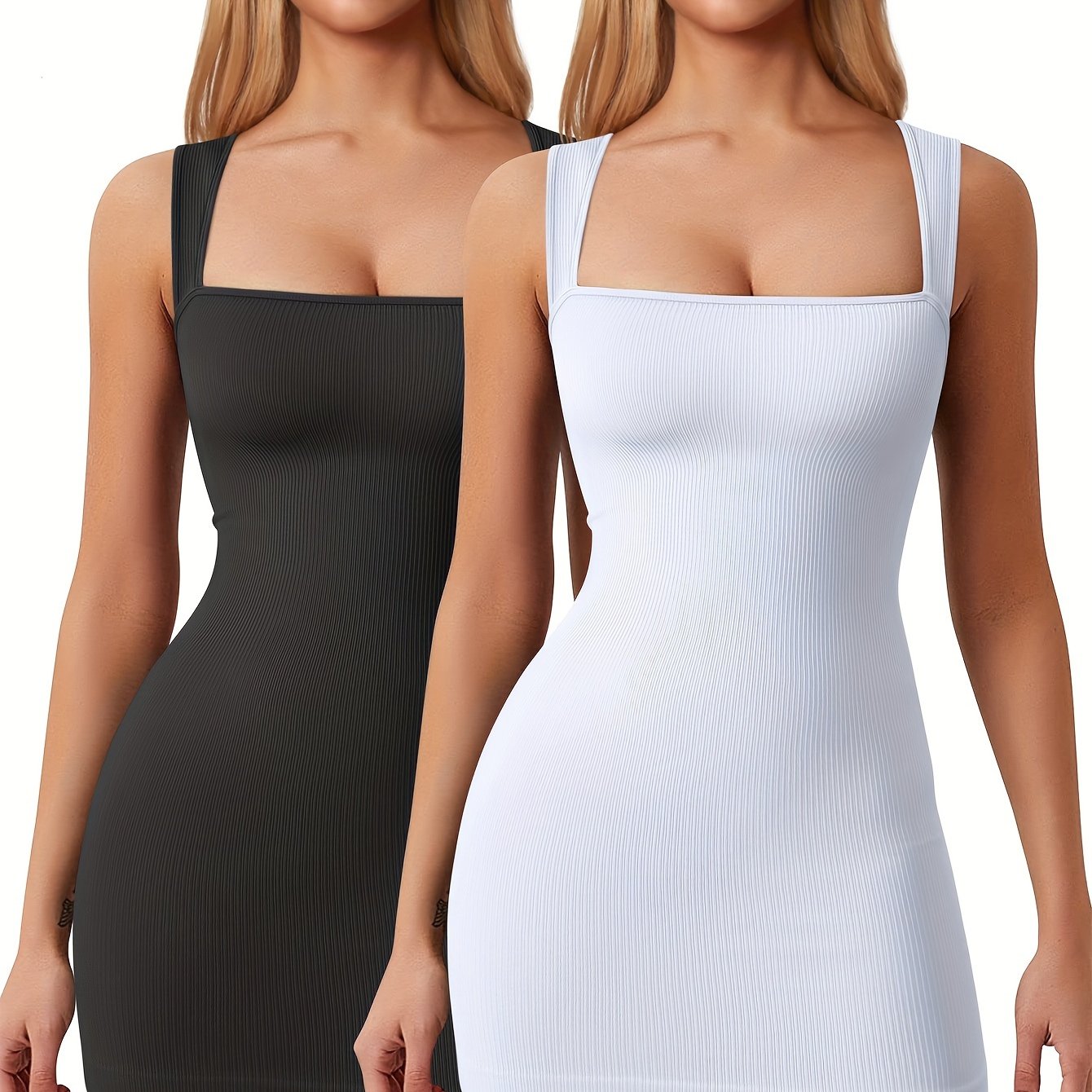 OQQ Women's 2 Piece Mini Dresses Sexy Ribbed Strappy Square Neck Tank Tops Mini Dress