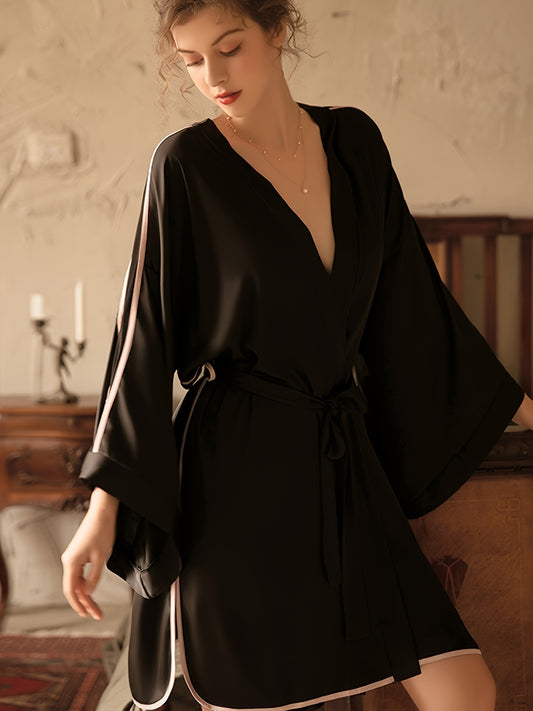 Mature Solid Binding Satin Night Robe, Bell Sleeve V Neck Side Split Robe With Belt, Women's Sleepwear & Dresses - For Fall & Winter