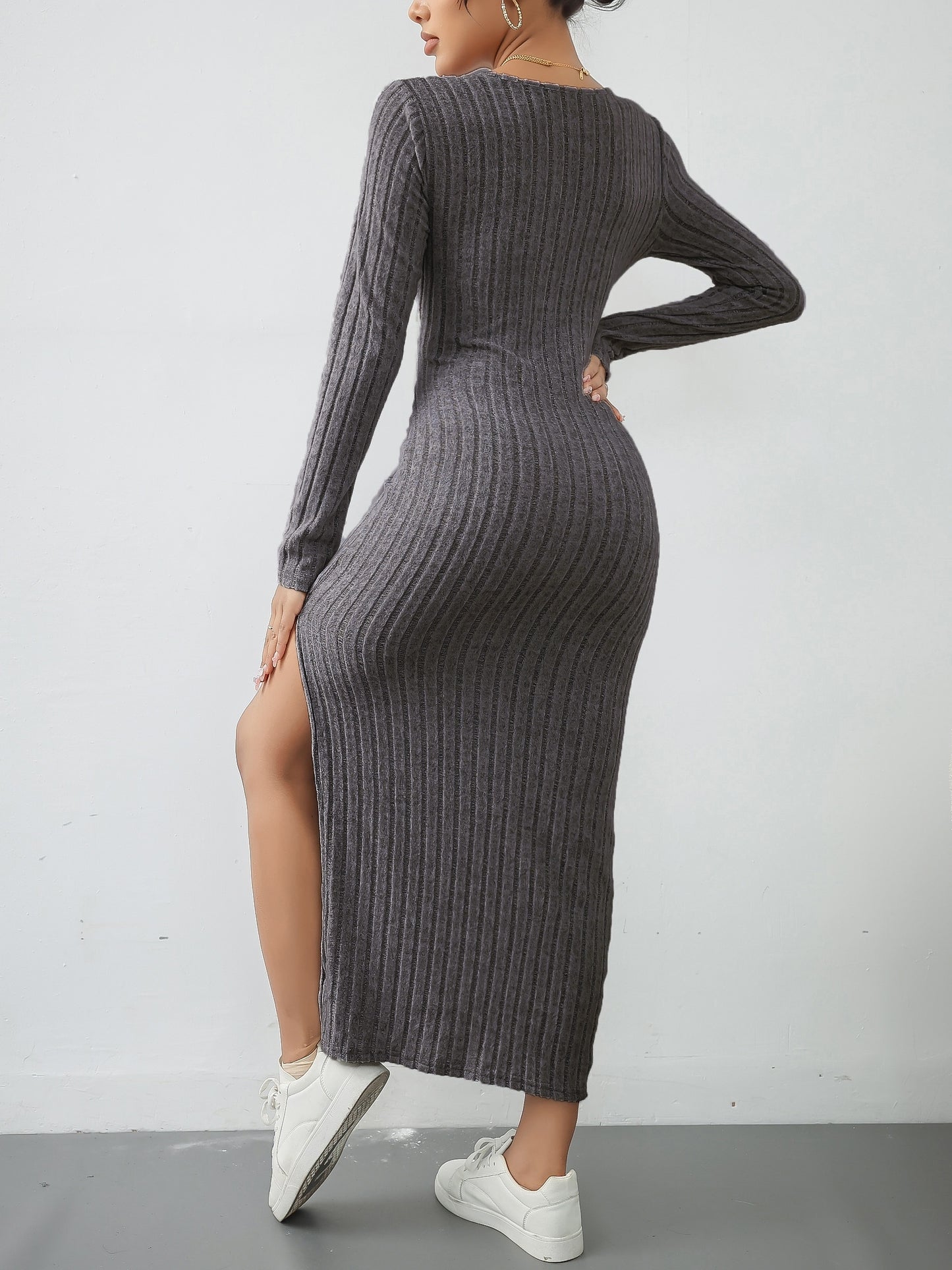 Stylish Solid Ribbed Split Dress - Elegant Women's Long Sleeve Crew Neck Dresses for Everyday Wear - Comfortable, Versatile, and Chic Clothing for Ladies