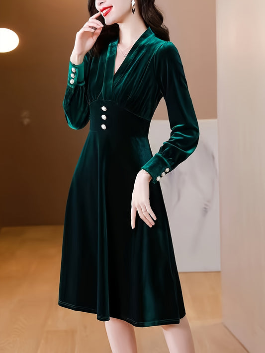 Vintage Chic V-Neck Velvet Button Decor Aline Dress - Women's Long Sleeve Ruched Dresses for Spring & Fall - Elegant, Comfortable, and Versatile Clothing for Women