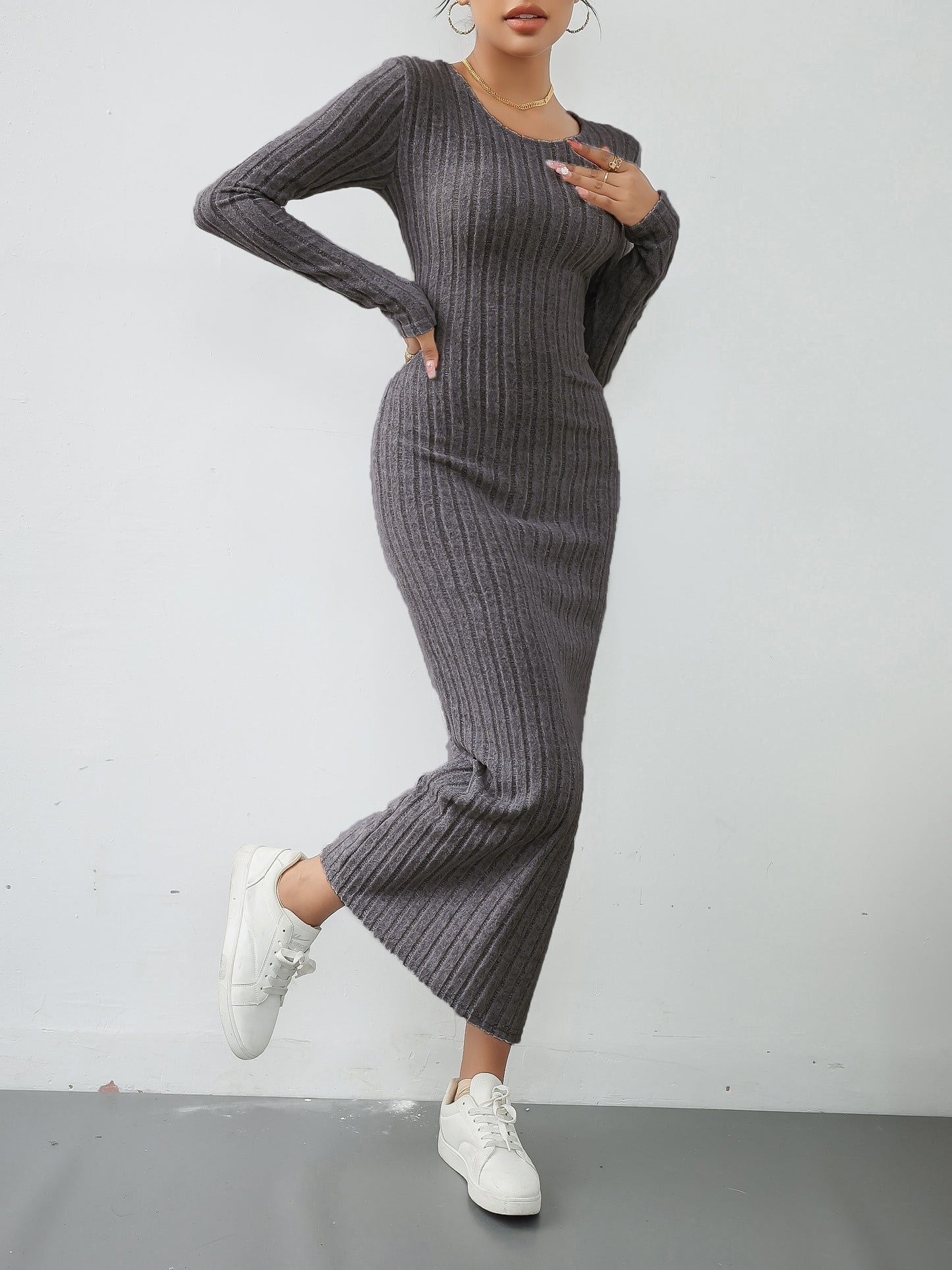 Stylish Solid Ribbed Split Dress - Elegant Women's Long Sleeve Crew Neck Dresses for Everyday Wear - Comfortable, Versatile, and Chic Clothing for Ladies
