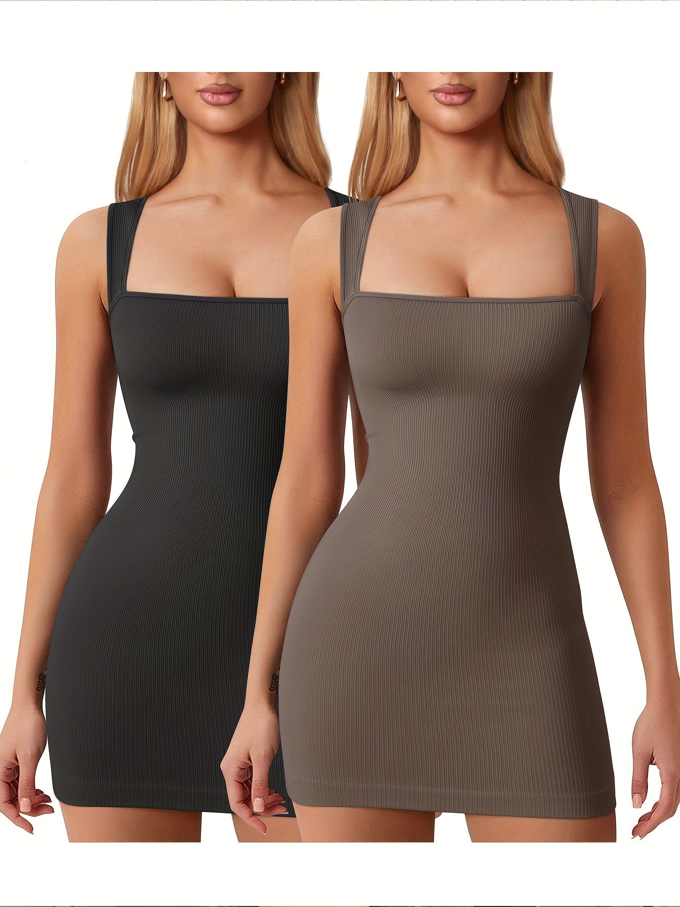 OQQ Women's 2 Piece Mini Dresses Sexy Ribbed Strappy Square Neck Tank Tops Mini Dress