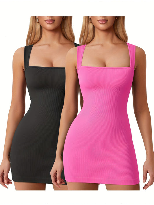 OQQ Women's 2 Piece Mini Dresses Sexy Ribbed Strappy Square Neck Tank Tops Mini Dress