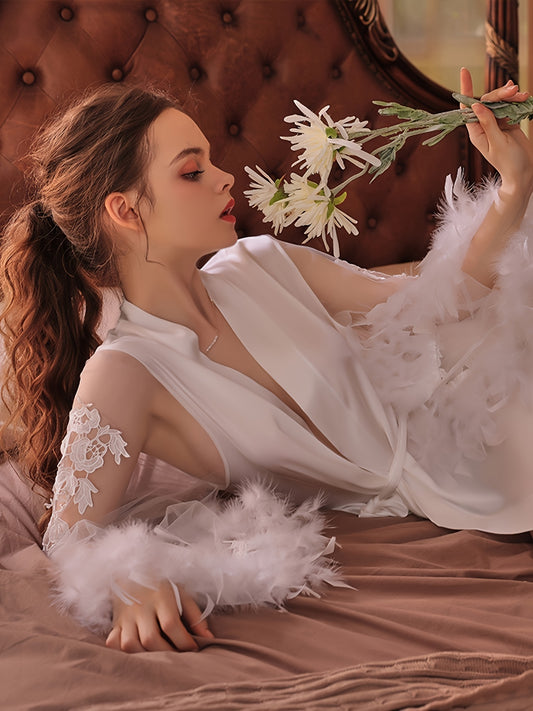 Luxurious Feather Pattern Long Sleeve V Neck Night Robe - Women's Sleepwear & Dresses - Elegant Solid Stitching Mesh Design, Belted Waist, Soft Comfortable Fabric for Relaxation