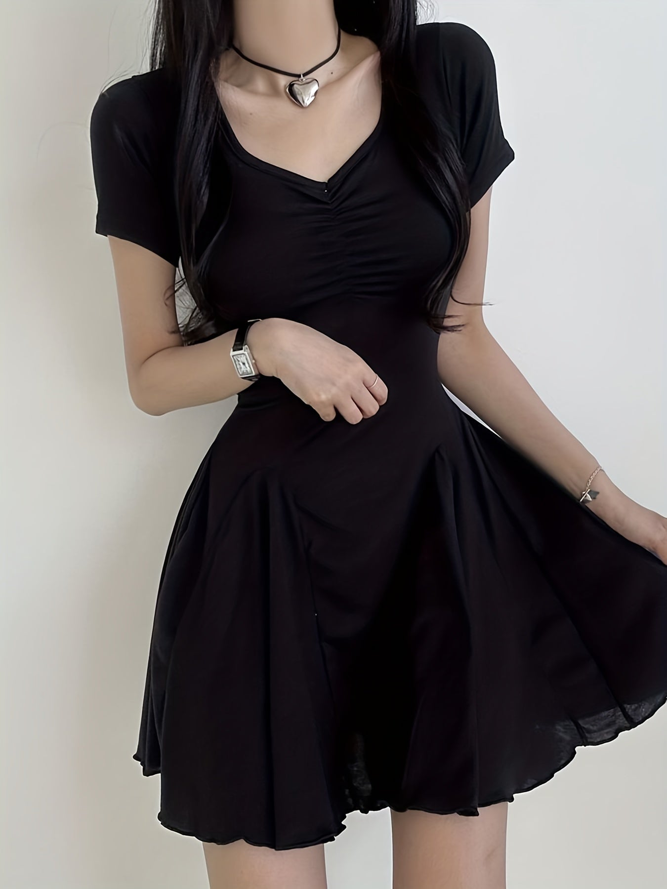 Trendy Ruched A-Line Dress - Women's Casual Summer Dresses with V Neck, Short Sleeves, and Comfy Fit - Perfect for Outdoor Activities and Daily Wear