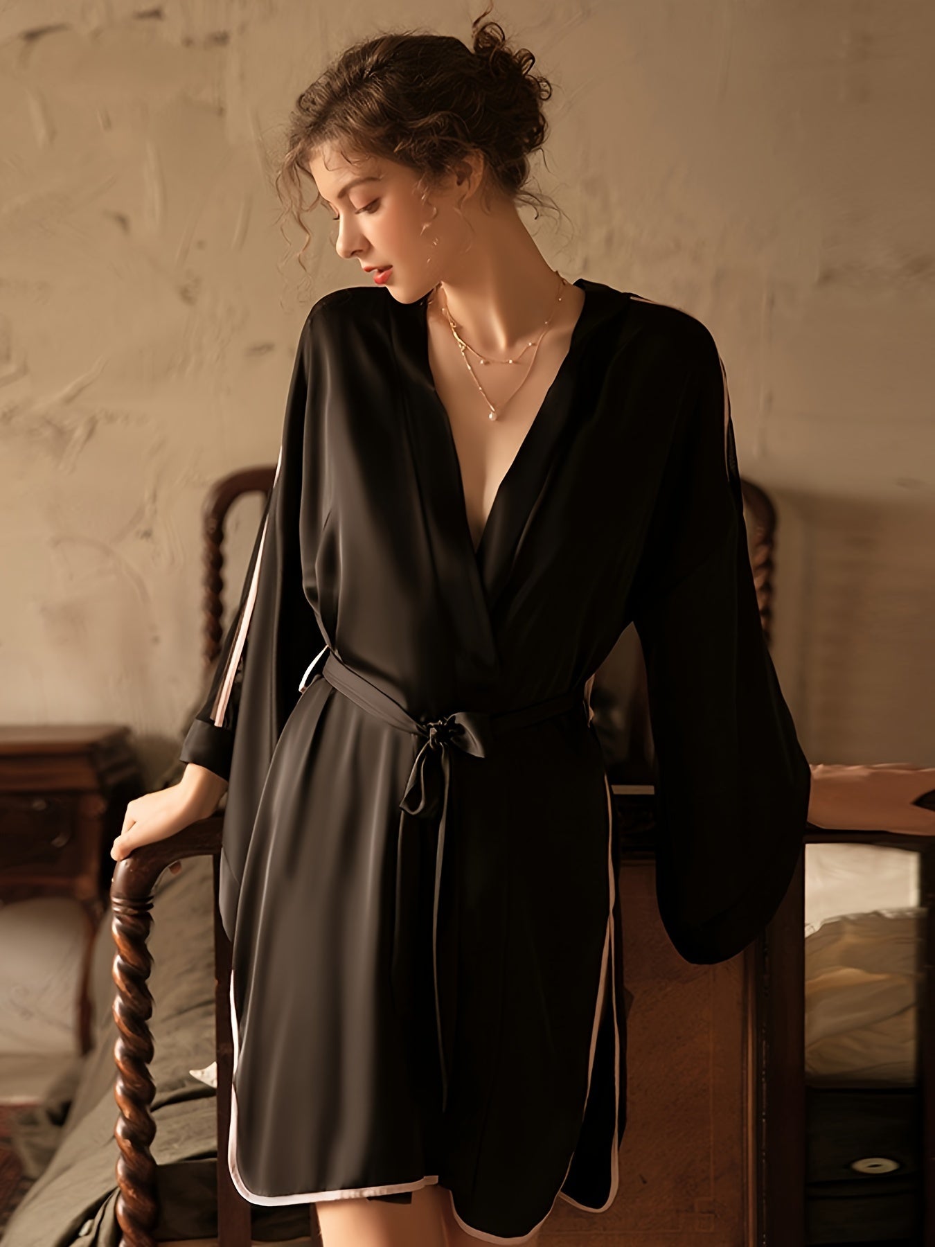 Mature Solid Binding Satin Night Robe, Bell Sleeve V Neck Side Split Robe With Belt, Women's Sleepwear & Dresses - For Fall & Winter