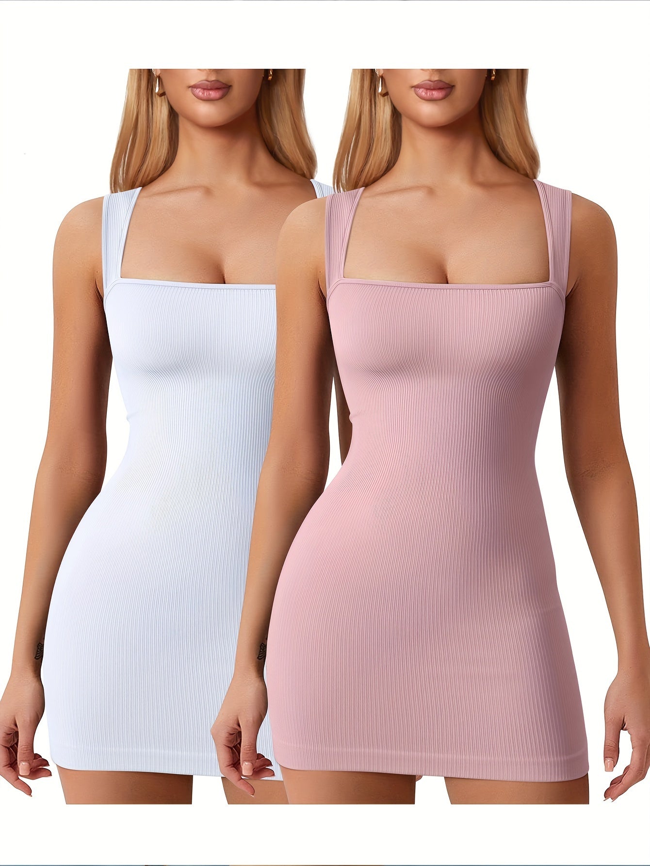 OQQ Women's 2 Piece Mini Dresses Sexy Ribbed Strappy Square Neck Tank Tops Mini Dress