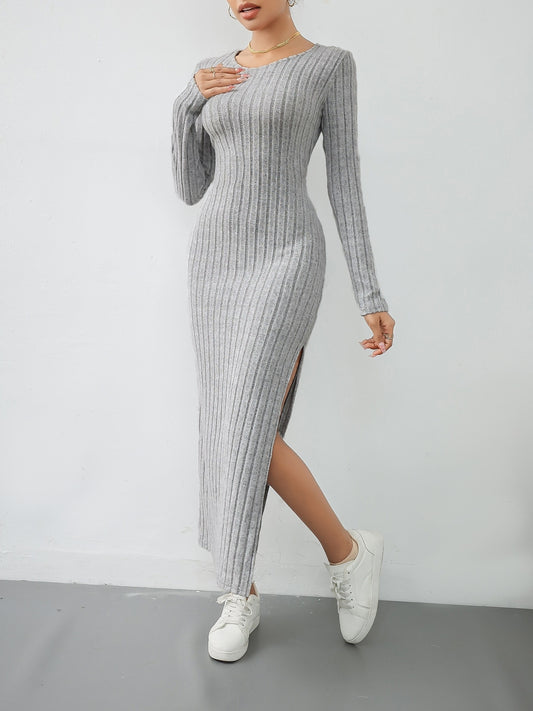 Stylish Solid Ribbed Split Dress - Elegant Women's Long Sleeve Crew Neck Dresses for Everyday Wear - Comfortable, Versatile, and Chic Clothing for Ladies