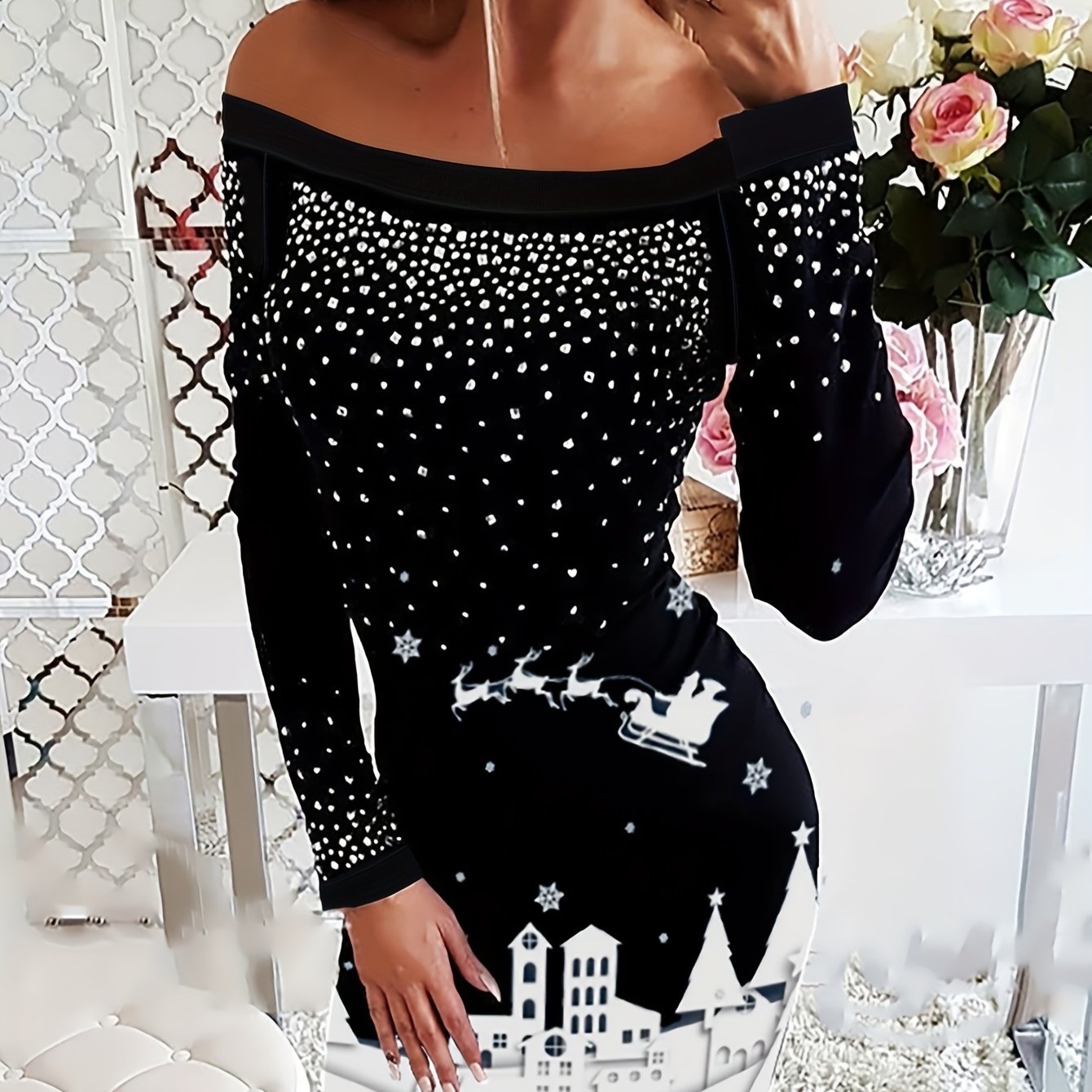 Stunning Graphic Print Off Shoulder Bodycon Dress - Women's Long Sleeve Casual Dresses for Spring & Fall - Soft, Stretchy, and Comfortable Clothing for Ladies