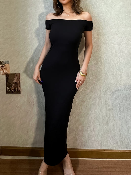 Sultry Off-The-Shoulder Bodycon Dress - Women's Fashion Dresses with Casual Short Sleeves and Flowy Maxi Skirt - Perfect for Everyday Wear, Date Nights, and Outdoor Events
