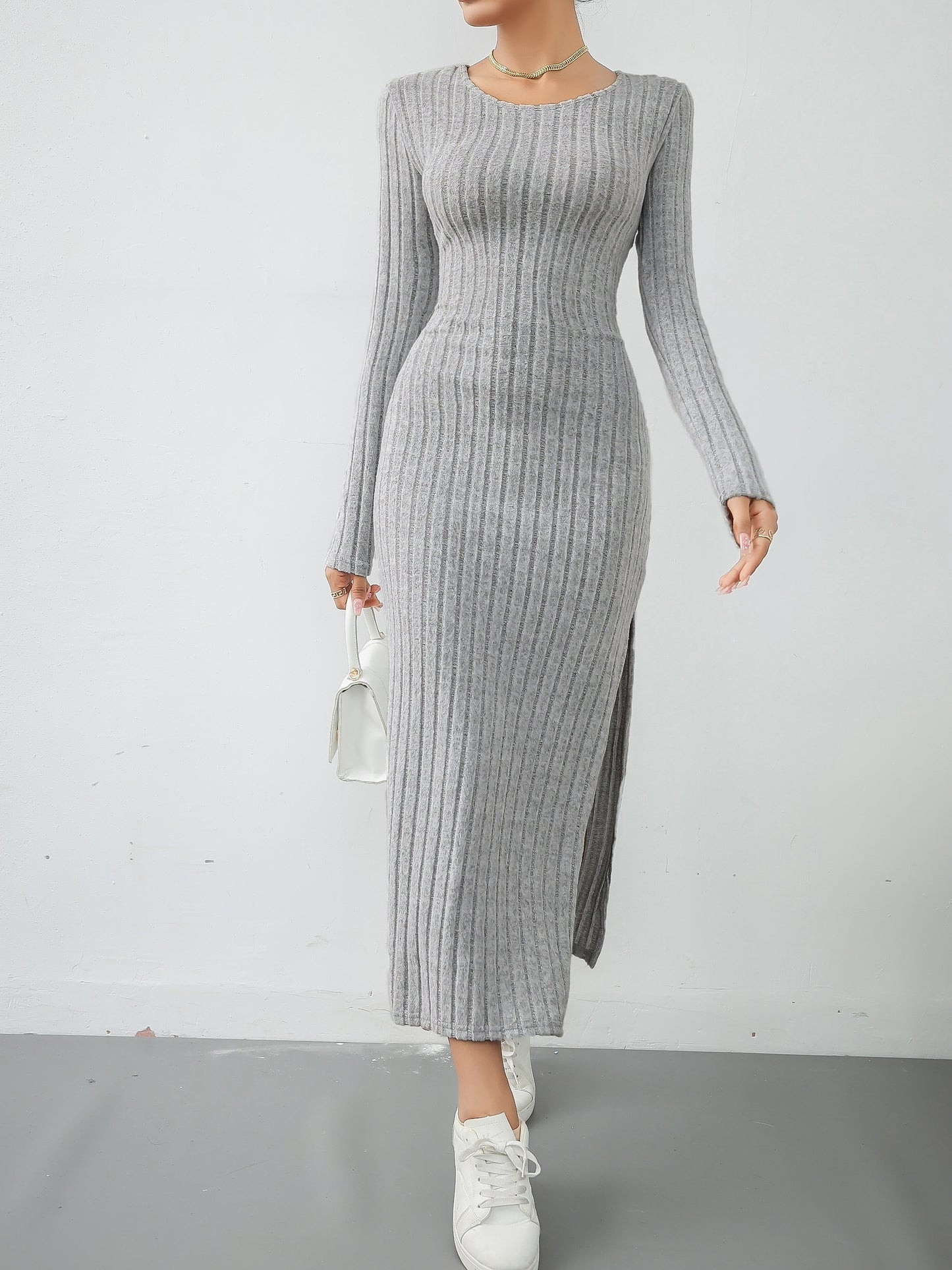Stylish Solid Ribbed Split Dress - Elegant Women's Long Sleeve Crew Neck Dresses for Everyday Wear - Comfortable, Versatile, and Chic Clothing for Ladies