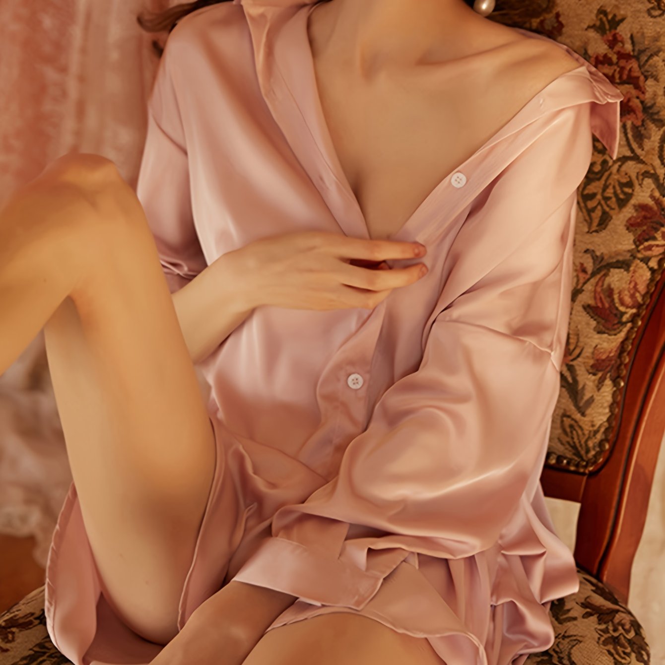 Sexy Solid Shirt Night Robe, Long Sleeve Button Up Lapel Collar Sleep Robe, Women's Sleepwear & Dresses