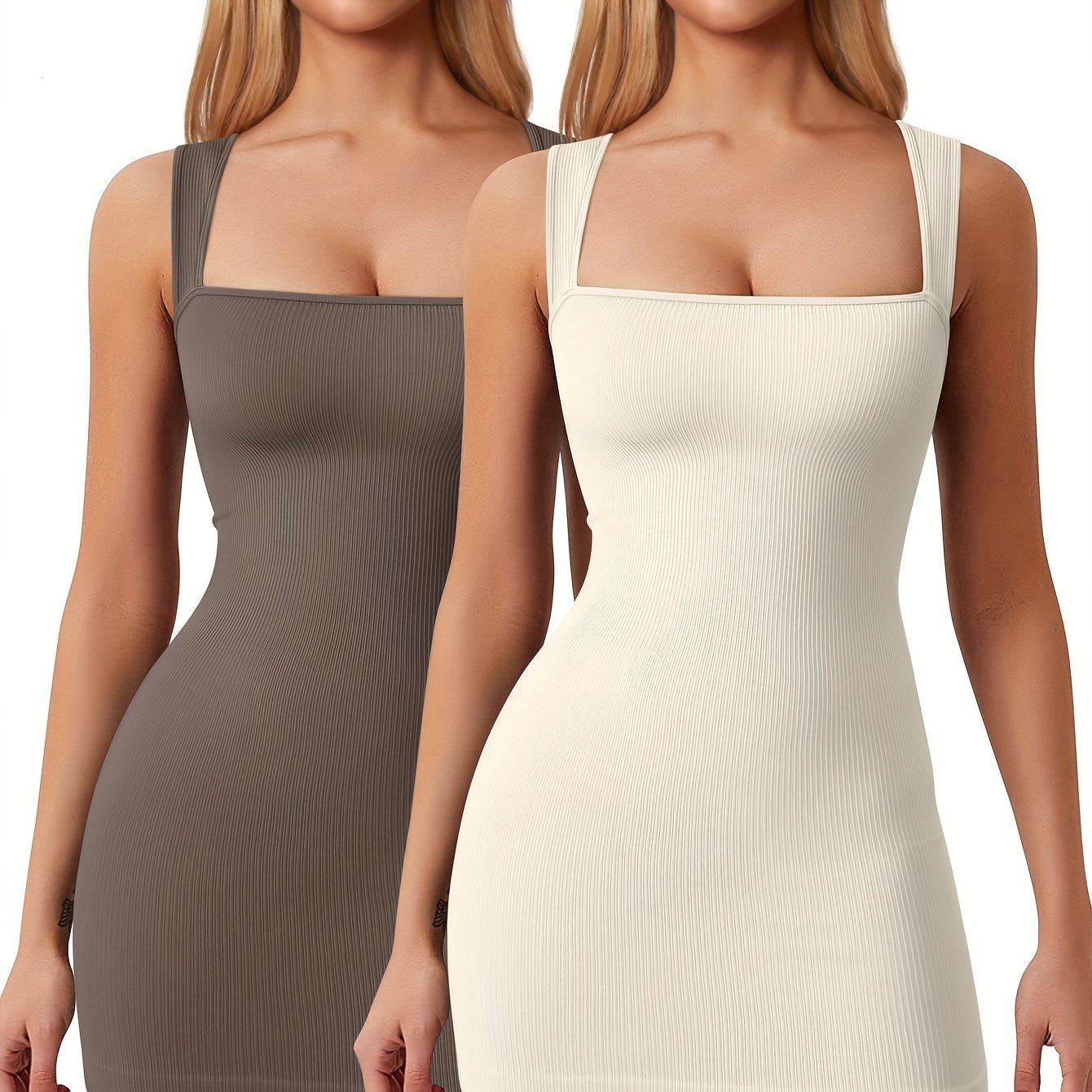 OQQ Women's 2 Piece Mini Dresses Sexy Ribbed Strappy Square Neck Tank Tops Mini Dress