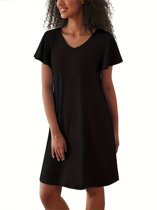 Simple Solid Lounge Dresses, Soft & Comfy Short Sleeve V Neck Home Dress, Women's Loungewear & Dresses