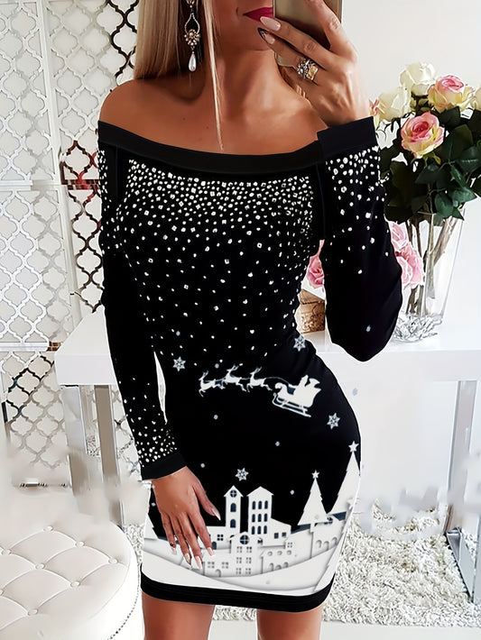 Stunning Graphic Print Off Shoulder Bodycon Dress - Women's Long Sleeve Casual Dresses for Spring & Fall - Soft, Stretchy, and Comfortable Clothing for Ladies