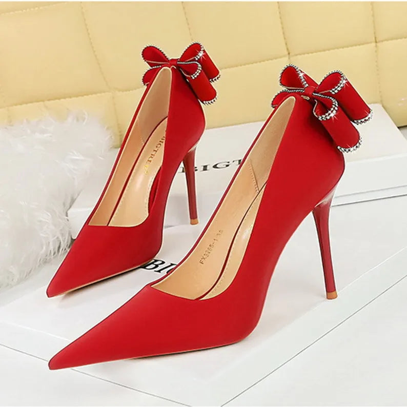 3265-H36M Hot Selling High Heels Shoes for Women Shallow Mouth Pointed Rhinestone Bow Stiletto Heel Wedding Shoes for Bride