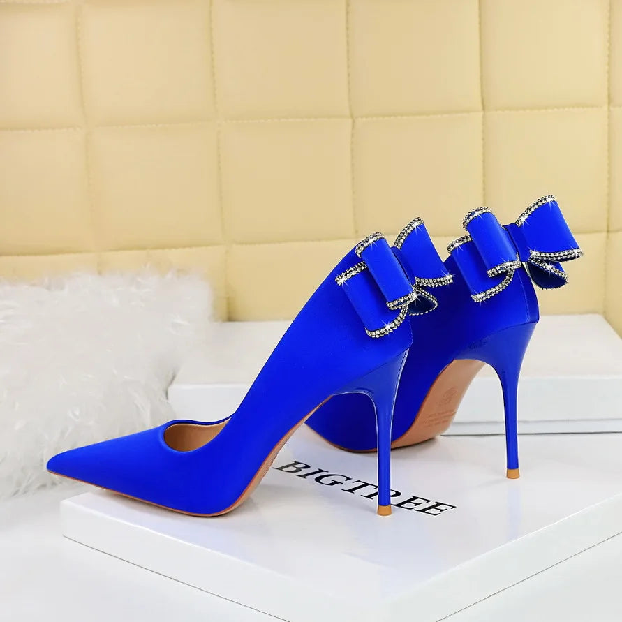 3265-H36M Hot Selling High Heels Shoes for Women Shallow Mouth Pointed Rhinestone Bow Stiletto Heel Wedding Shoes for Bride