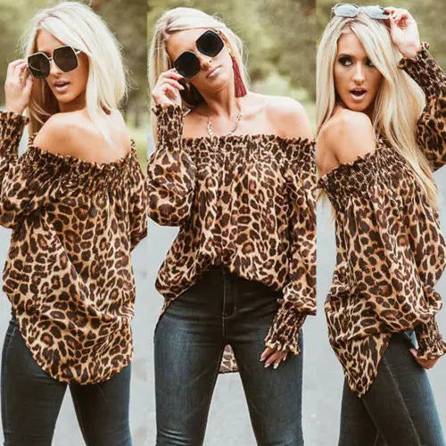 Dourbesty Women Leopard Print Long Sleeve Off Shoulder Blouses Woman Party Club Blouse Ladies Summer Casual Tops Female Hotsale