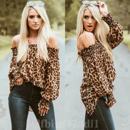 Dourbesty Women Leopard Print Long Sleeve Off Shoulder Blouses Woman Party Club Blouse Ladies Summer Casual Tops Female Hotsale