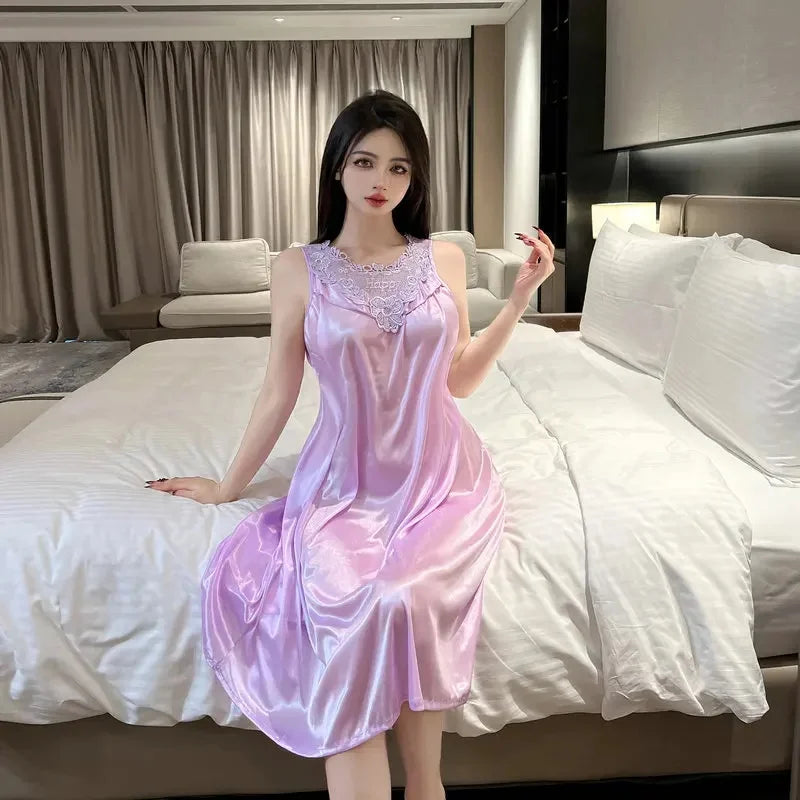 Plus Size Pure Desire Style Sleepwear Low Cut Lace Trim Mid Length Passionate Sexy Nightgown Attractive Chest Design Home Clothe