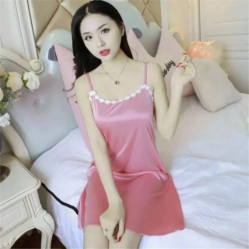 Summer Silk Sleep Dress Women's Home Clothes Vest Strap Ice Silk plus Size Sleepwear Dress Fairy like Backless Design