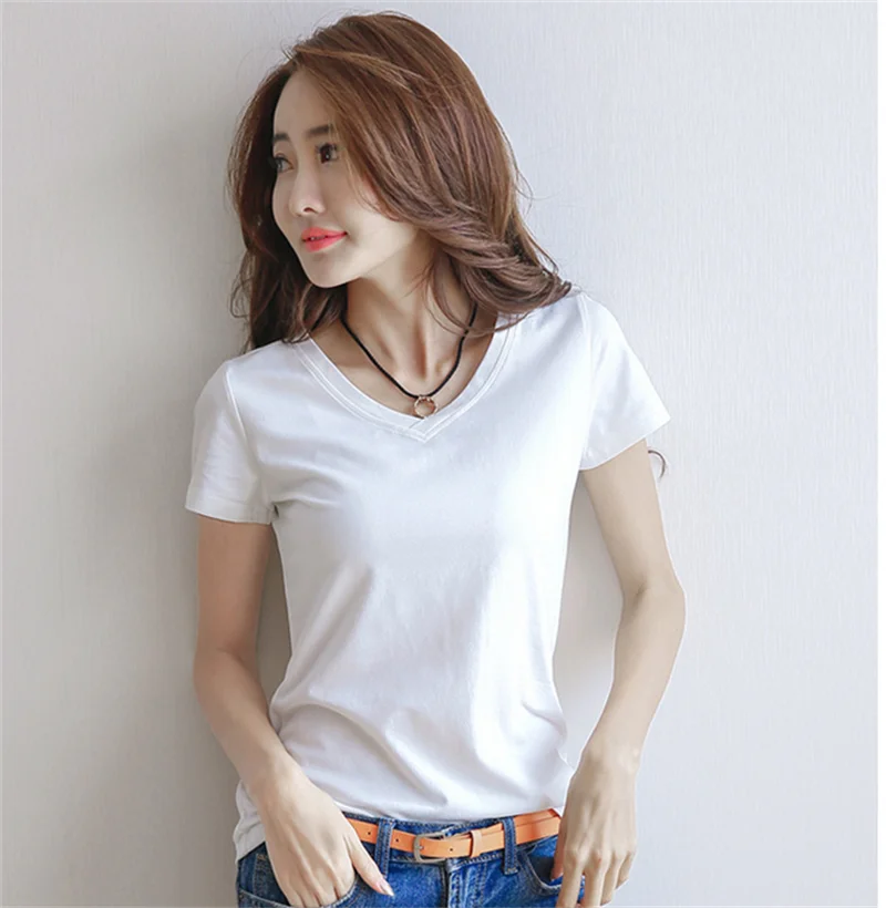 Spring Summer Women T-shirt Black V-Neck Short Sleeve Female Tee Slim White T-Shirt Casual Solid Color Lady Tshirt Tops