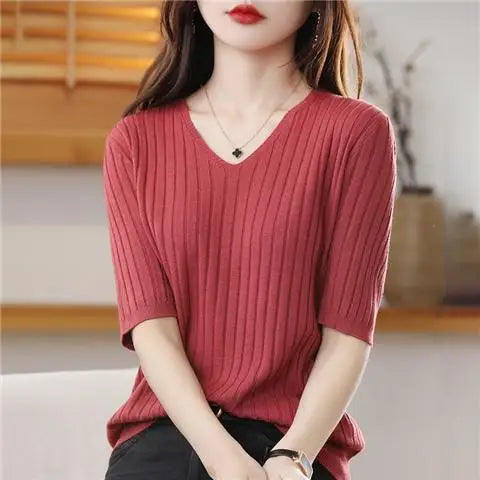 2025 New Spring Summer New Women's V-neck Short-Sleeved Exquisite Cashmere Knitted Sweater Pullover Solid Color