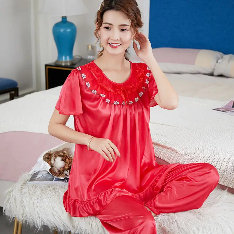 Luxury Satin Pajama Set Solid Color Short Sleeve Top And Elastic Bottom Comfortable Relaxed Fit Women's Loungewear And Sleepwear