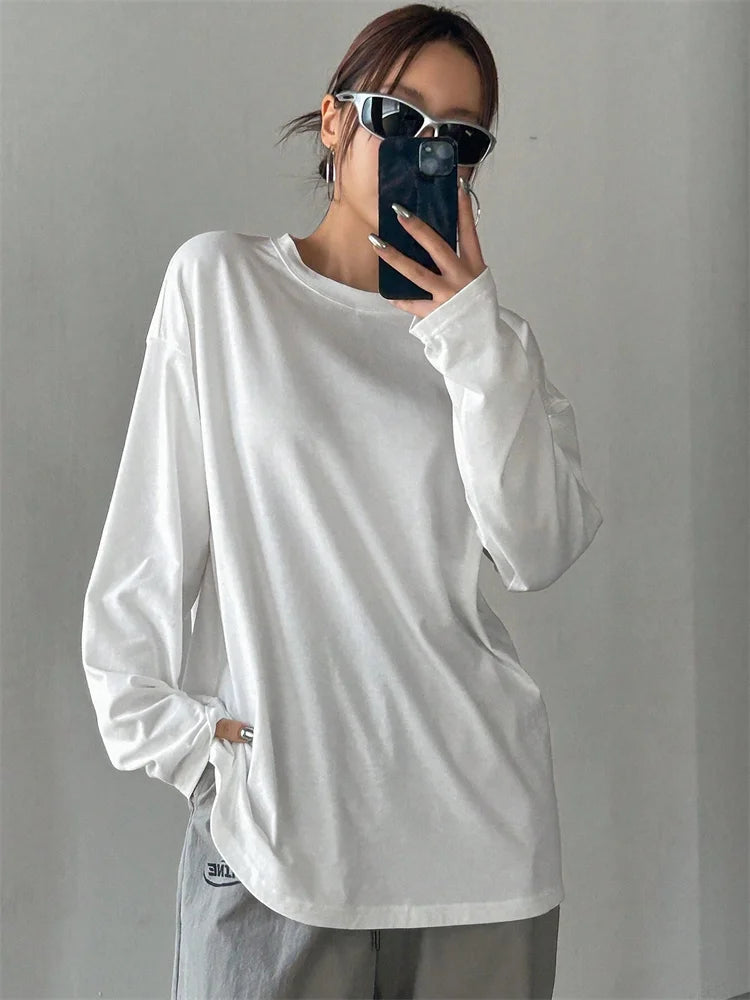Women Basic Long Sleeve Loose O-neck T-shirt Autumn Winter Solid Color Tee Top Streetwear