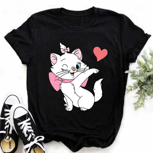 The Aristocats Marie Cat Kawaii Cute Graphic Print Cotton T-shirt 2024 Women's Summer Top Y2K Cute Style Couple Short Sleeve Top