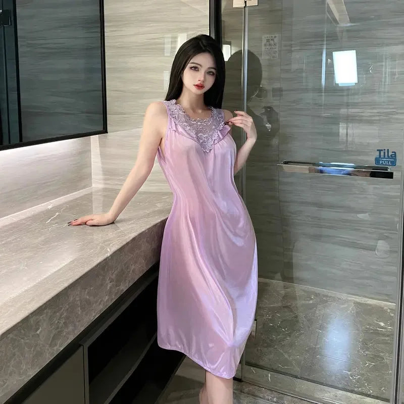 Korean Style Suggestive Lace Sleepwear Purple Home Clothes Set plus Size Pure Desire Battle Robe Sexy Home Comfortable Nightgown