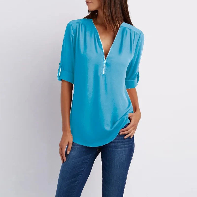 Women's Long Sleeve Chiffon Blouse V-neck Top Zipper Casual Loose Solid Casual Clothes 2025 New 25811