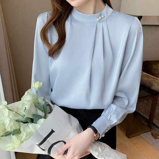 Spring Autumn Satin Women's Blouses 2025 New Long Sleeve Beading Solid Stand Collar Workwear Office Lady Elegant Shirt Female