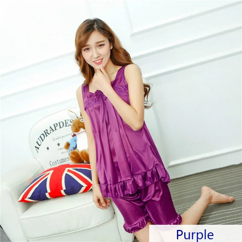 Summer Women's Faux Silk Satin Pajamas Sexy Sleepwear Female Nighty for Ladies Lace Tops + Shorts Cool Pajamas Set