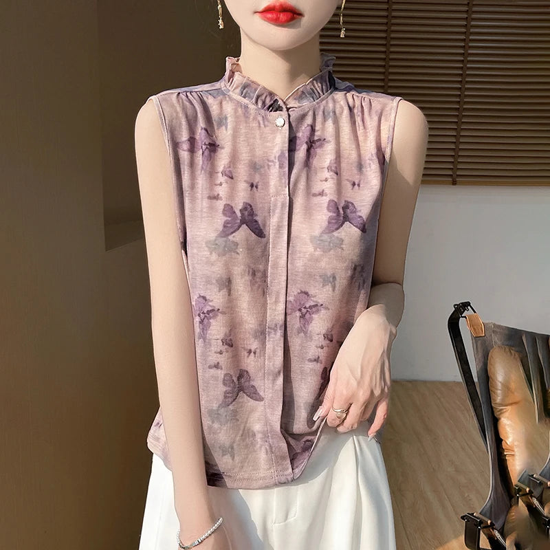 2025 New Chinese Sleeveless Shirt Lace Collar Knit Base Shirt Ink Painting National Style Fashion Western Style Blouse RW M13