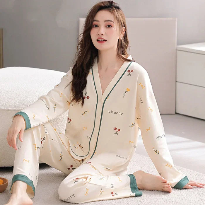 Women's Spring Autumn Long Sleeve Cotton-Like Kimono Loose-Fit V-Neck Sleepwear Sweet Home Clothes Korean Style Outer Wear
