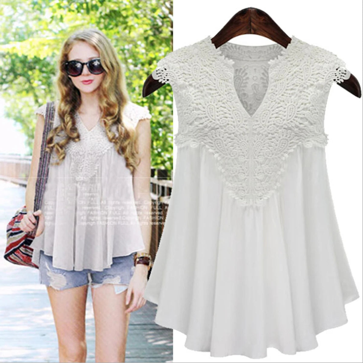 Summer tops for women  Fashion Lace Chiffon blouse V-Neck Loose Casual Chiffon Shirt