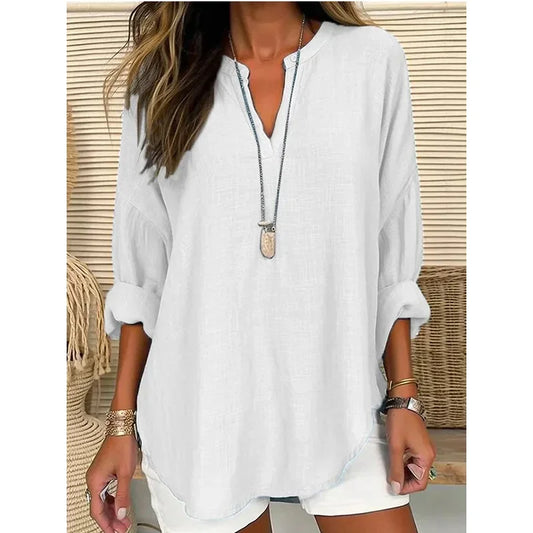 2025 Spring Cotton Linen Women Blouses White V-neck Long Sleeve Loose Shirt Female Spring Elegant Casual Trendy Ladies Clothes