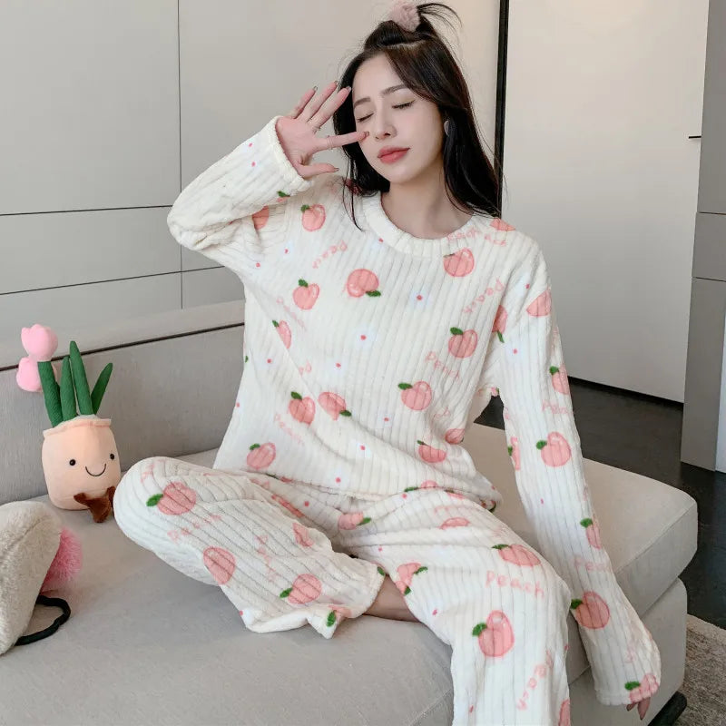 Adorable Sweet Warm Coral Fce Women's Home Clothes Set Autumn Winter Lazy Person's Spwear Long Sve round Ne Two-Pi...