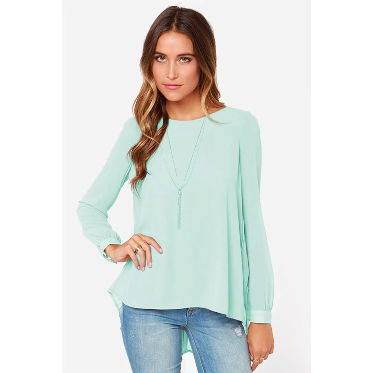 New Women Sexy Casual Loose Chiffon Blouse Long Sleeve Solid Crimp Shirts