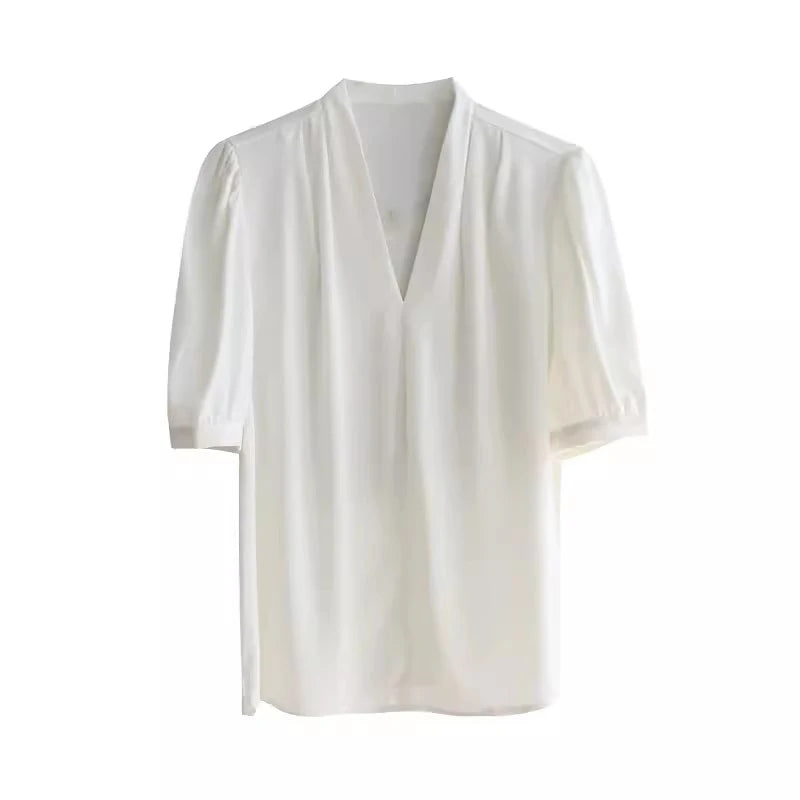 2025 Fashion Summer Short Sleeve V-Neck Women Blouse White Blouse Shirt Women Tops Blouses Shirts Blusas De Mujer Camisas P856