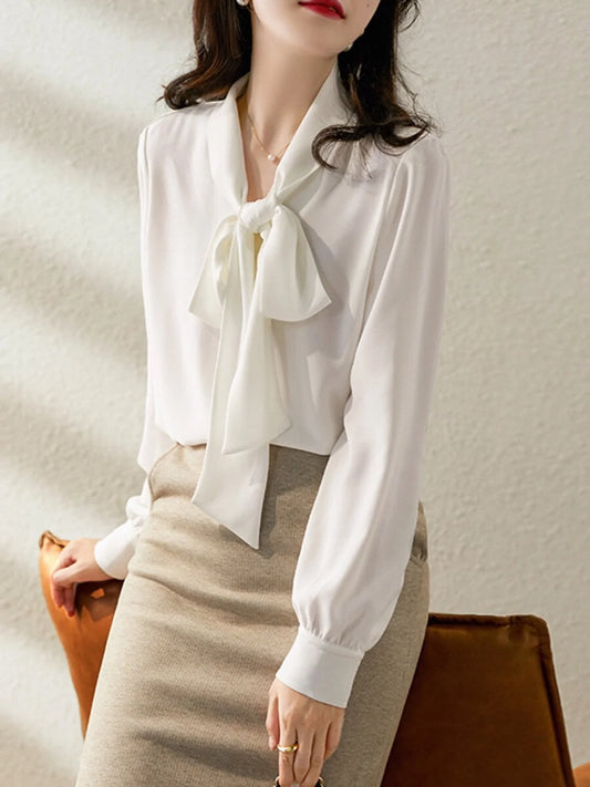 Bla Sa Chiffon irt Women's Spring New OL Personali  Knot Top Profional Long Sve Blouse Commute Sle L...