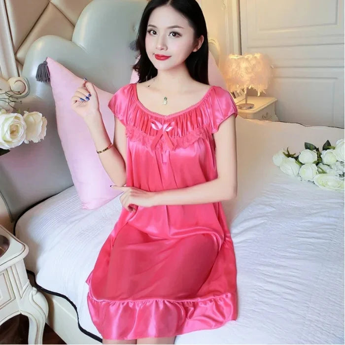 Summer Ice Silk Short Sleeve Loose plus Size Lace Nightgown Sexy Home Clothes Dress for Women Comfortable Breathable Sleepwear