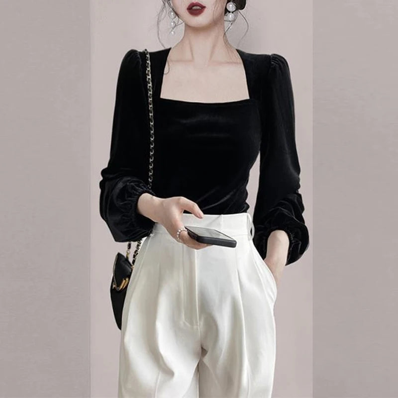 Spring Autumn New Solid Color Fashion Long Sleeve Blouse Women High Street Square Collar Pullovers Korean Style All-match Tops