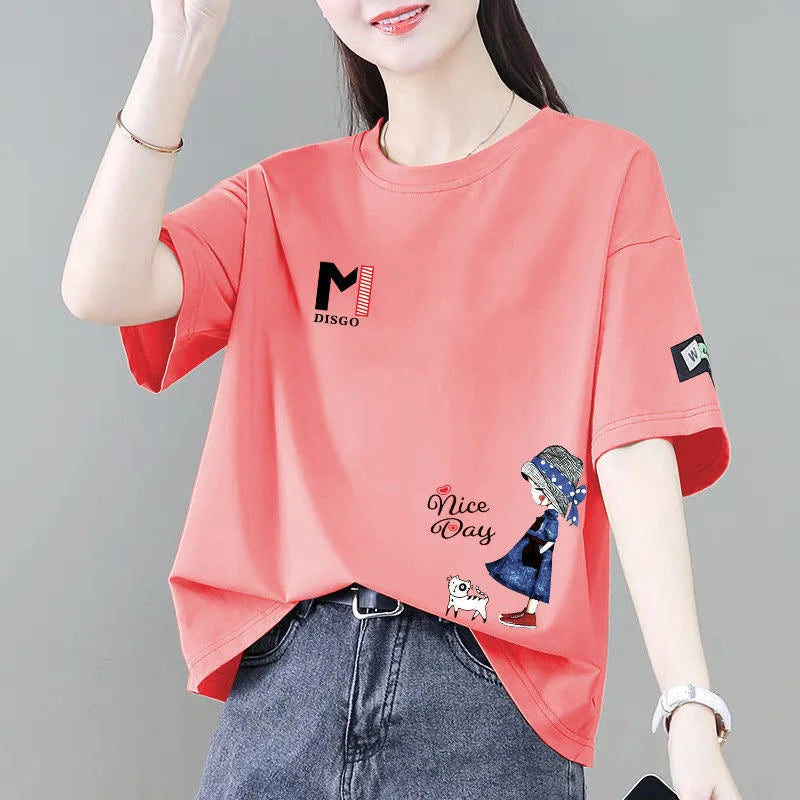 00% Pure Cotton ort Sve T-irt Women's Summer Faion Loose Sli Age-Defng Versatile Top Korean Sle Print Design
