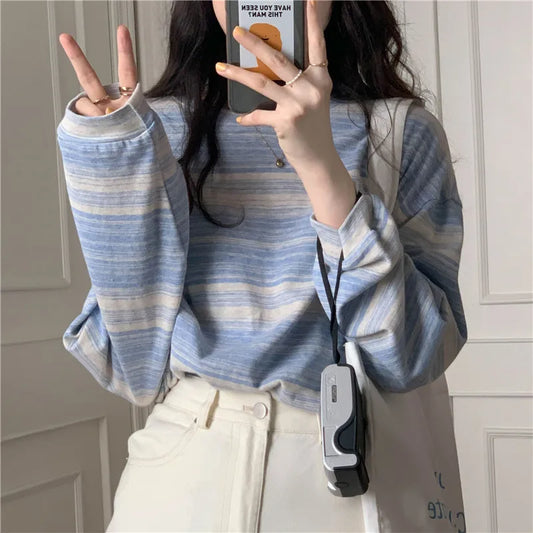 Striped Loose Long Sve Women's Base irt Early Autumn Winter New Korean Sle Lazy T-irt Commute round Ne Mid-Length