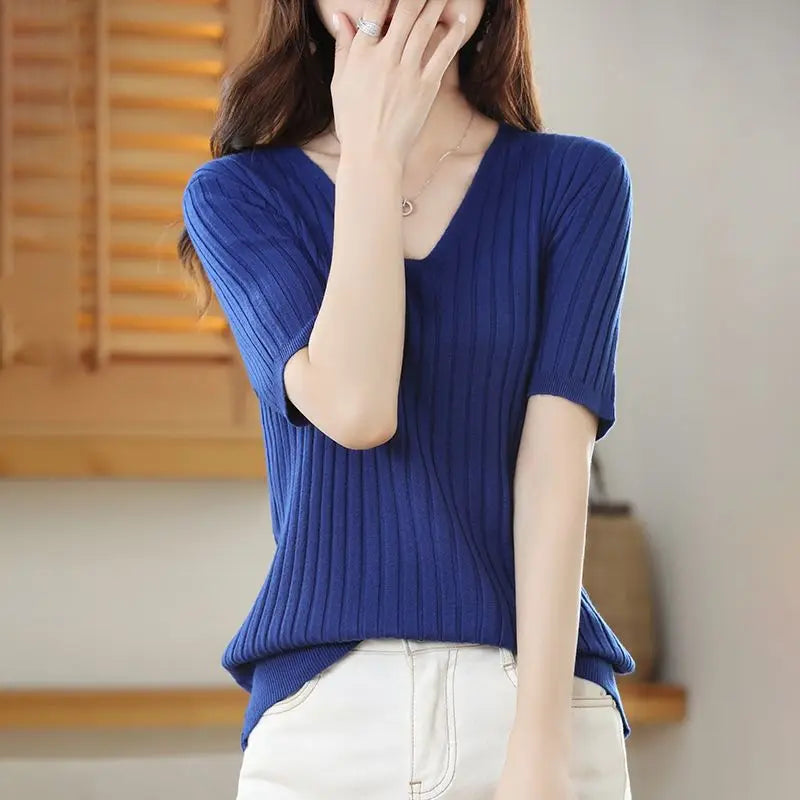 2025 New Spring Summer New Women's V-neck Short-Sleeved Exquisite Cashmere Knitted Sweater Pullover Solid Color